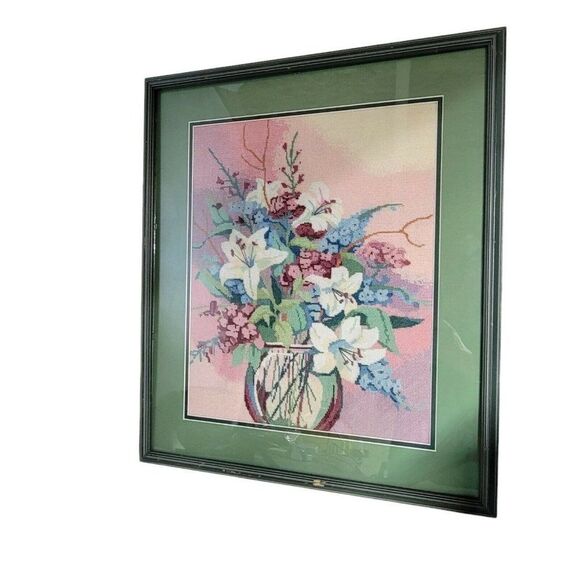 Vintage Victorian Look Needlepoint Flowers Lilies in Vase Professionally Framed